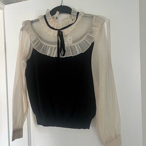 Zara Black and Cream Sheer Ruffle Blouse